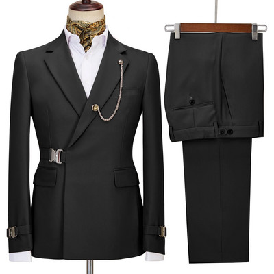 Мъжки костюми от 2 части, модни костюми с метални копчета и ревери, бизнес ежедневни якета, сватбена елегантна рокля (блейзър+панталон)