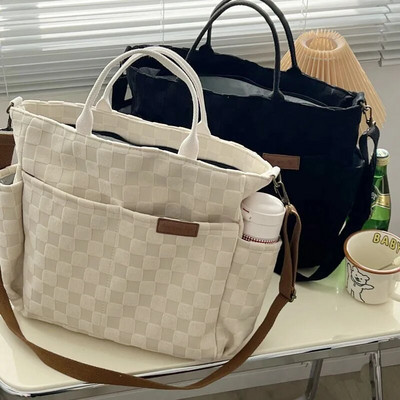 Hylhexyr Γυναικεία τσάντα σκακιέρας Casual tote καμβά δικτυωτή τσάντα Απλή μαθητική τσάντα ώμου Τσάντες χιαστί