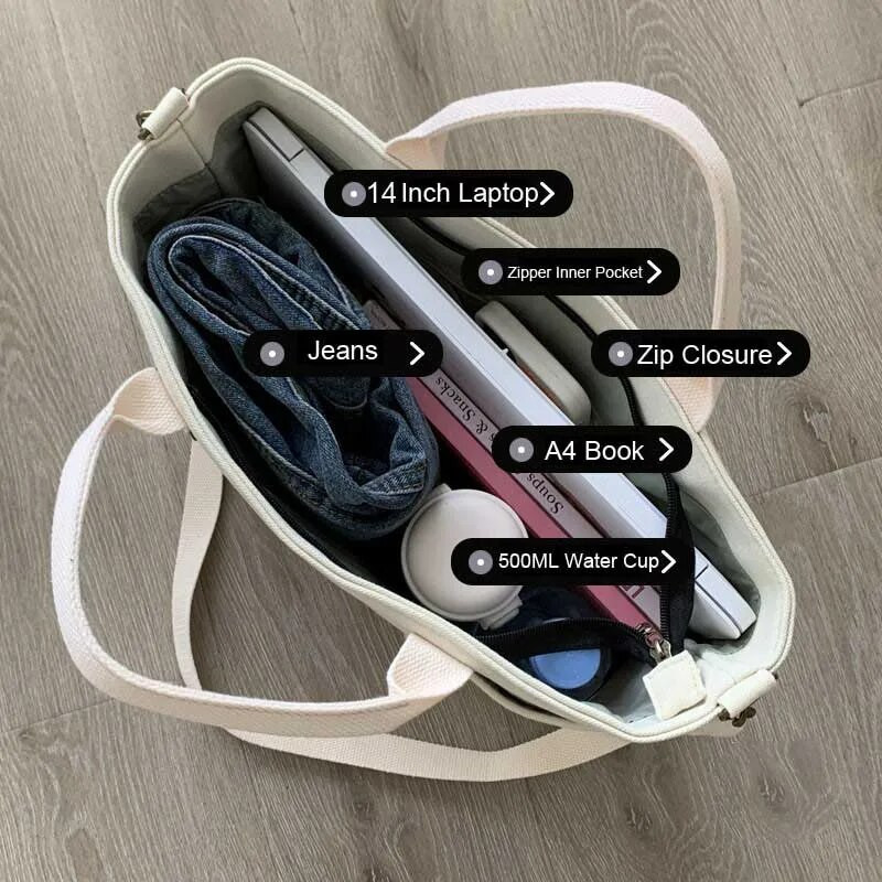 Hylhexyr Ženske ženske ležerne torbe, velike zadebljane platnene torbe, torba na rame, torba s patentnim zatvaračem, studentska torba, ručna torba