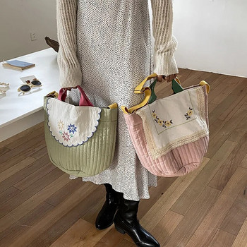 Hylhexyr Дамска малка ръчна чанта на цветя с форма на кофа Памучна чанта за през рамо Платнени чанти с голям капацитет Чанта за мама