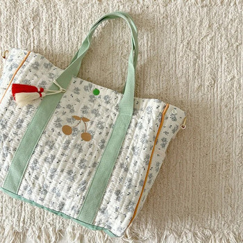 Hylhexyr Ins Cherry Embroidery Τσάντα ώμου Βαμβακερή πάνα Mother Baby Handbag Γυναικείες μεγάλες τσάντες ταξιδιού
