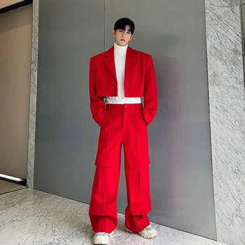 NOYMEI Мъжки карго костюм от две части в корейски стил, широки панталони с широки крачоли с голям джоб, свалящ се блейзър WA3174