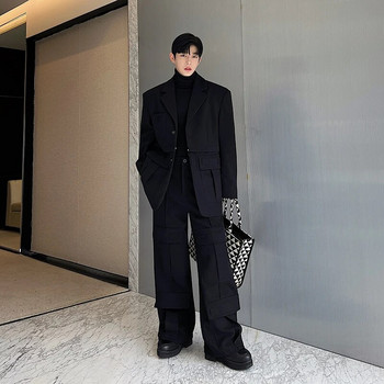 NOYMEI Мъжки карго костюм от две части в корейски стил, широки панталони с широки крачоли с голям джоб, свалящ се блейзър WA3174