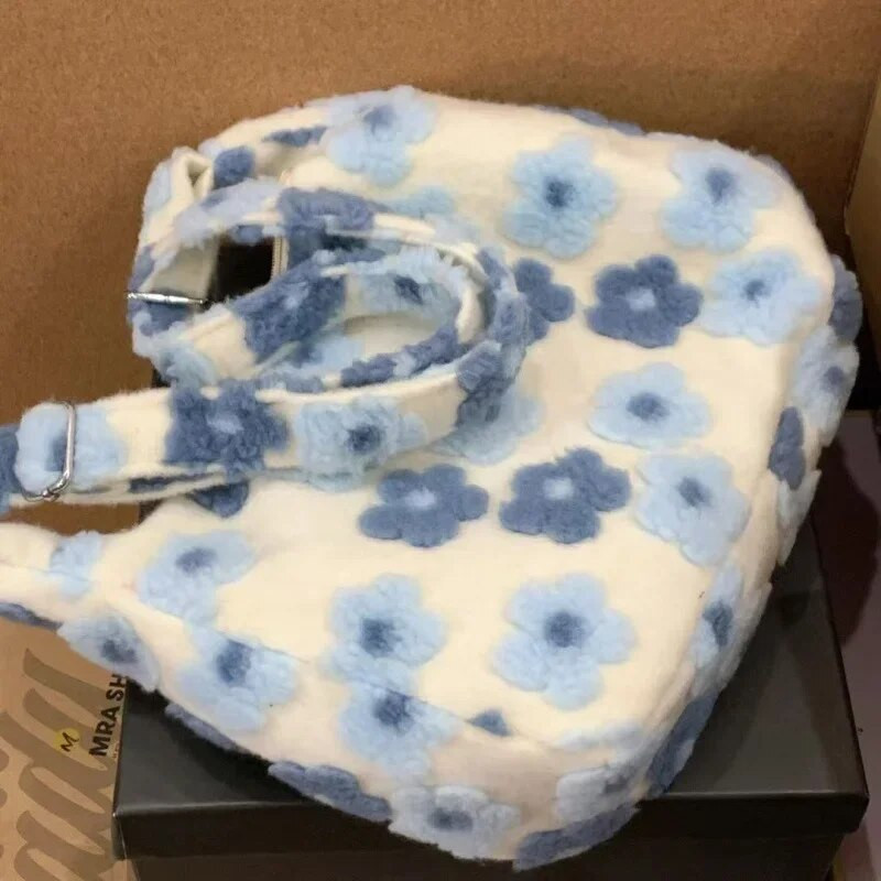 Xiuya Kawaii plišana torba preko ramena velikog kapaciteta Plavi cvjetovi Mekana modna torba na rame Ležerna mladenačka slatka ručna torbica jesen zima