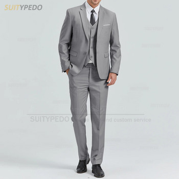 Класически костюми за мъже Slim Fit Официални 2 копчета Блейзър с жилетка Панталони 3 части Бизнес сватбен смокинг за мъже Моден комплект мъжки костюми