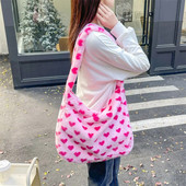 Νέα Fashion Sweet Pink Heart Print Λούτρινη τσάντα tote για γυναίκες Τσάντα ώμου μεγάλης χωρητικότητας Φορητή τσάντα αγορών Σχολική τσάντα