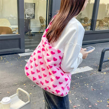 Нова модна плюшена чанта с принт на сладко розово сърце за жени Голяма чанта през рамо Дамска чанта Преносима пазарска чанта Ученическа чанта