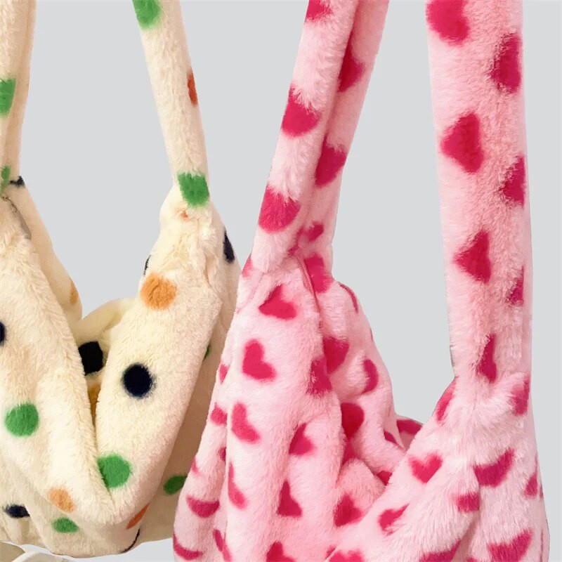 Νέα Fashion Sweet Pink Heart Print Λούτρινη τσάντα tote για γυναίκες Τσάντα ώμου μεγάλης χωρητικότητας Φορητή τσάντα αγορών Σχολική τσάντα