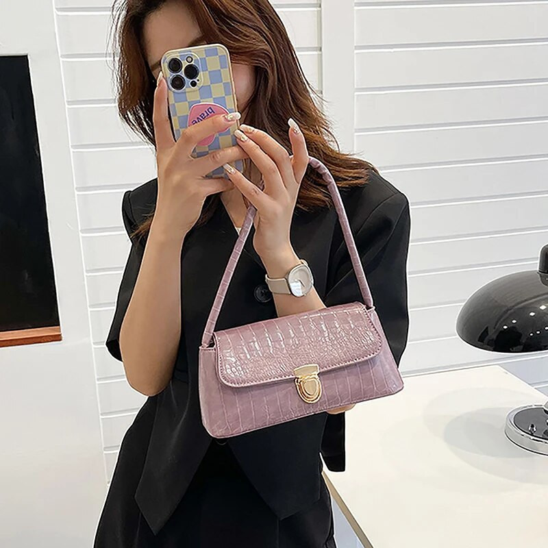 Krokodillimustriga mood naiste õlakott Lihtne ühevärviline kaenlaaluse kott, vabaaja PU-nahast naiste väikesed ruudukujulised käekotid