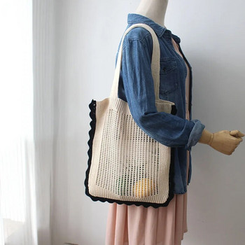 Hylhexyr Ins Lovely Beach Tote Hollow Mesh Плетена чанта за през рамо Проста памучна дамска чанта Ретро вълнени чанти за момичета