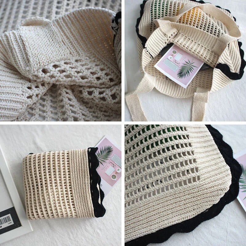Hylhexyr Ins Lovely Beach Tote šuplja mrežasta pletena torba na rame Jednostavna pamučna ručna torba Retro vunene torbe za djevojke
