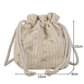 Новост от сламена тъкана чанта през тялото с дантелен декор с цветя Дамска чанта с прашка 2024 Лятна ретро мини чанта Малка чанта с шнур