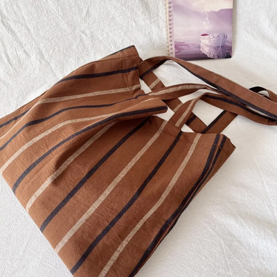 Vintage narančaste prugaste ženske torbe na rame Retro pamučna lanena torba za kupnju Velika ležerna torbica Ženske torbice od tankog platna
