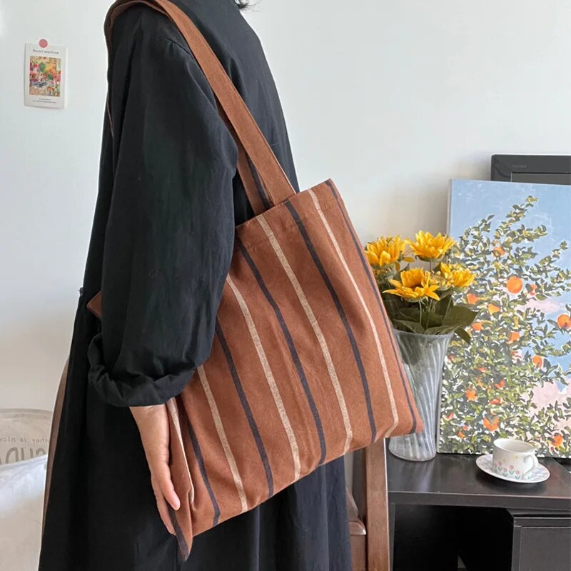 Vintage narančaste prugaste ženske torbe na rame Retro pamučna lanena torba za kupnju Velika ležerna torbica Ženske torbice od tankog platna