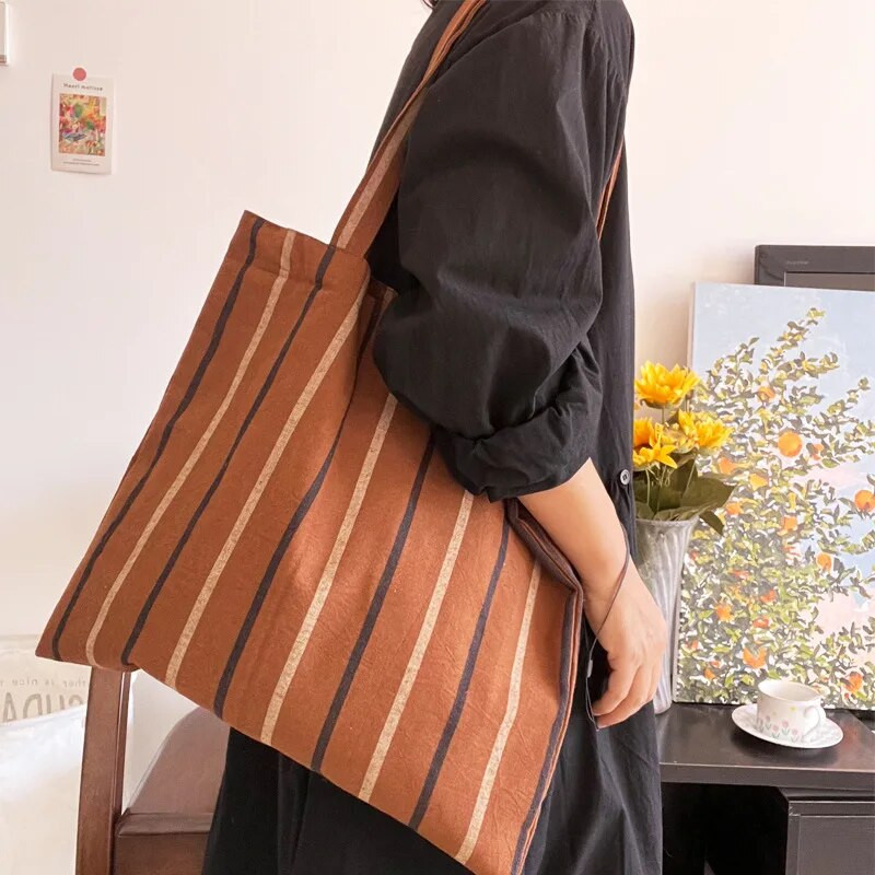 Vintage narančaste prugaste ženske torbe na rame Retro pamučna lanena torba za kupnju Velika ležerna torbica Ženske torbice od tankog platna