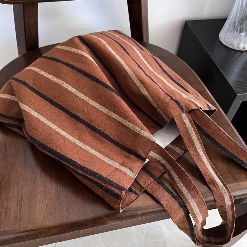 Vintage narančaste prugaste ženske torbe na rame Retro pamučna lanena torba za kupnju Velika ležerna torbica Ženske torbice od tankog platna