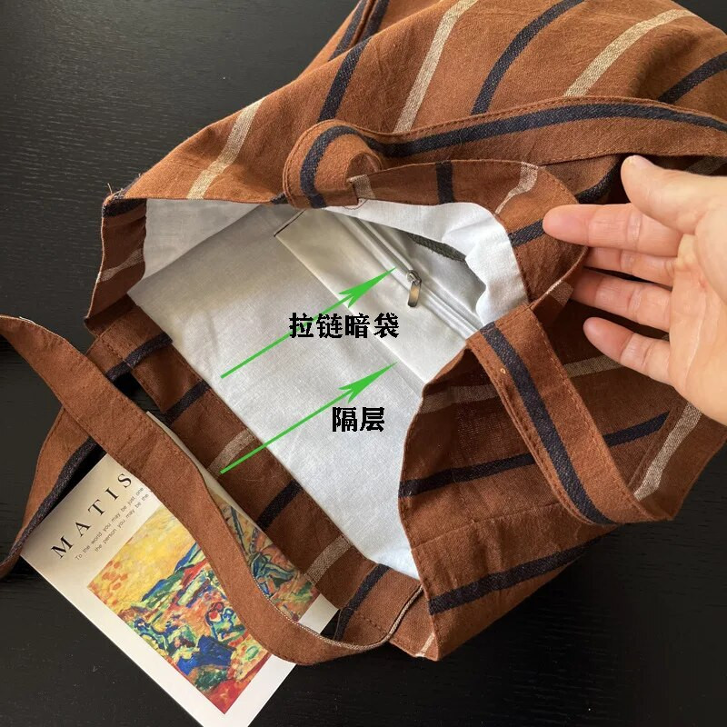 Vintage narančaste prugaste ženske torbe na rame Retro pamučna lanena torba za kupnju Velika ležerna torbica Ženske torbice od tankog platna