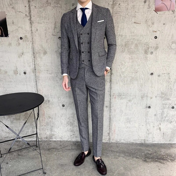 Висококачествен (блейзър + жилетка + панталон) мъжки италиански стил, елегантен моден семпъл бизнес ежедневен джентълменски костюм от три части