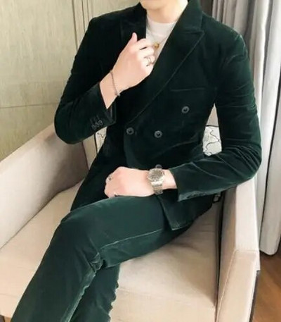 Elegáns borvörös öltönyök férfi bársony luxus öltönyök férfi vőlegény esküvői velúr öltönyök úri ruha 2 db Flanel zöld bordó