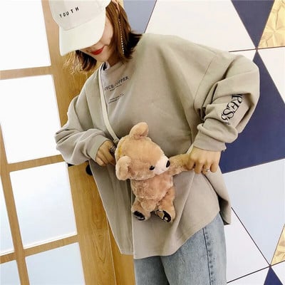 Puikus animacinis žiemos dizainas dirbtinio kailio moteriškos žinutės rankinė Teddy Bear Head Moteriškas pečių krepšys mergaitei vaikui Dovanų mielas žaislinis krepšys