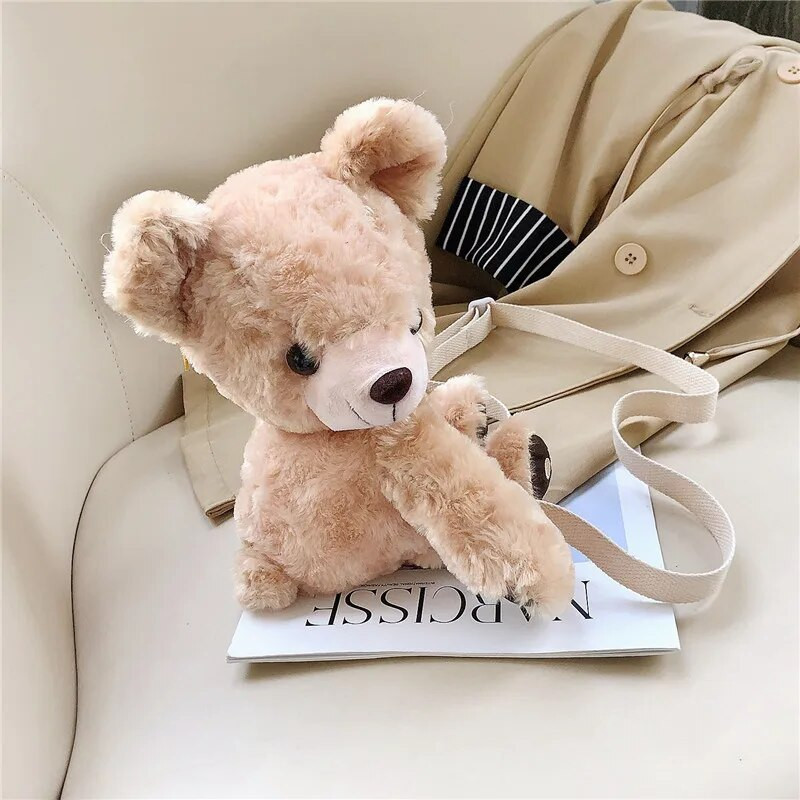 Puikus animacinis žiemos dizainas dirbtinio kailio moteriškos žinutės rankinė Teddy Bear Head Moteriškas pečių krepšys mergaitei vaikui Dovanų mielas žaislinis krepšys