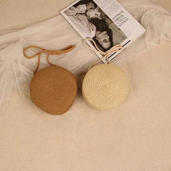 Кръгла сламена чанта Дамска тъкана плажна дамска чанта през рамо Сладка ръчно изработена ръчна чанта от ратан през рамо в цвят бонбон Малка ръчна чанта