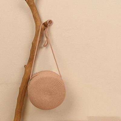 Geantă rotundă de paie pentru femei, țesută pentru plajă, pentru doamne, drăguță, cu umăr, din ratan, tricotată manual, geantă mică de culoare bomboană
