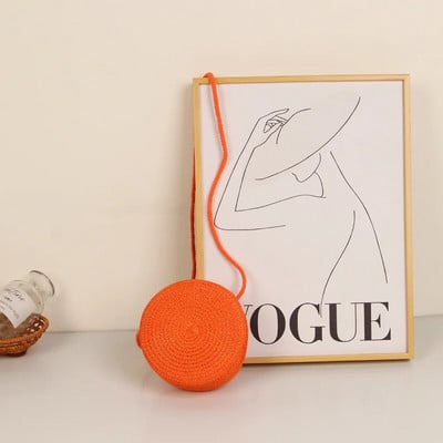 Geantă rotundă de paie pentru femei, țesută pentru plajă, pentru doamne, drăguță, cu umăr, din ratan, tricotată manual, geantă mică de culoare bomboană