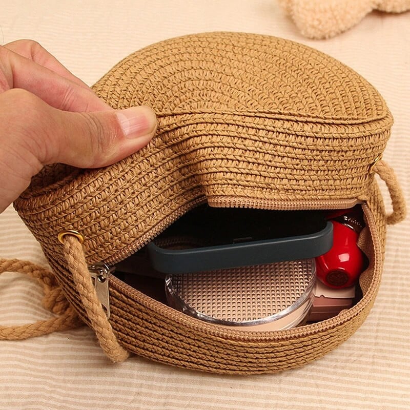 Geantă rotundă de paie pentru femei, țesută pentru plajă, pentru doamne, drăguță, cu umăr, din ratan, tricotată manual, geantă mică de culoare bomboană