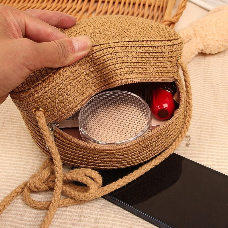 Geantă rotundă de paie pentru femei, țesută pentru plajă, pentru doamne, drăguță, cu umăr, din ratan, tricotată manual, geantă mică de culoare bomboană