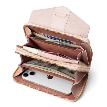 Нов дамски портфейл, корейска версия, мобилен портфейл с голям капацитет, много карти, двоен цип, единична чанта през рамо през рамо, чанти