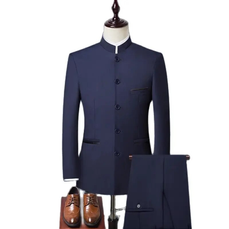 Novo muško vjenčano odijelo čiste boje iz 2023. crna/mornarska moda za muškarce, poslovna društvena plesna zabava, stojeći ovratnik, uski blazer hlače