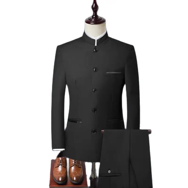 Novo muško vjenčano odijelo čiste boje iz 2023. crna/mornarska moda za muškarce, poslovna društvena plesna zabava, stojeći ovratnik, uski blazer hlače
