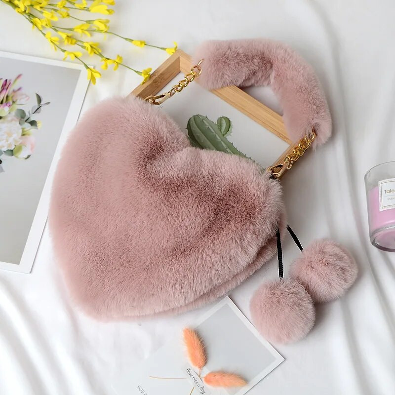 Mados Moteriškos Širdies formos Rankinės Mielos Kawaii Dirbtinio Kailio Krepšiai Piniginė Piniginė Pliušinė grandinėlė pečių krepšys Moteriška rankinė
