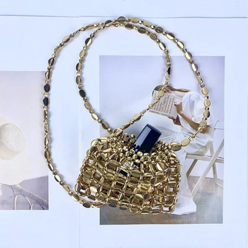 Луксозна дамска марка Акрилни мъниста Weave Crossbody Bag Retro Chain Mini Bucket Hollow Out Messenger Bag