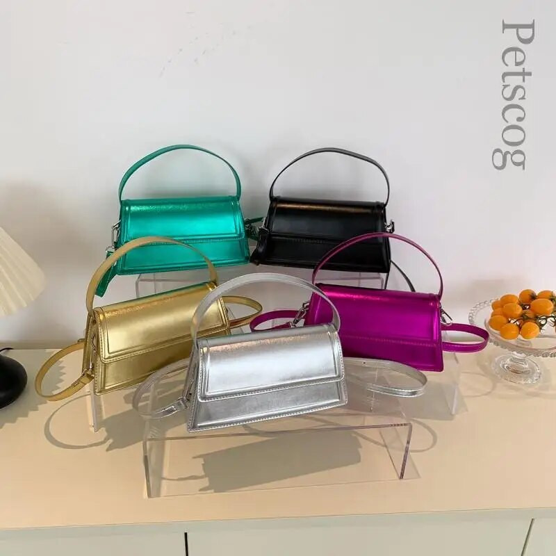 Luksuzna srebrna ženska torba na rame s preklopom, sjajna kožna torba s kratkom ručkom preko ramena Trendy modne ručne torbice Putna torbica za zabave