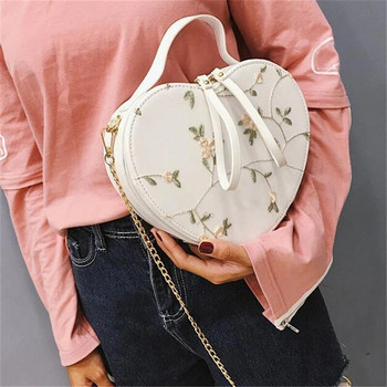 Дантелена чанта през рамо Прасковено сърце Дамски чанти 2024 Нова ръчна чанта с бродерия Преносима диагонална чанта за момиче Чанта с верига във формата на сърце за момиче