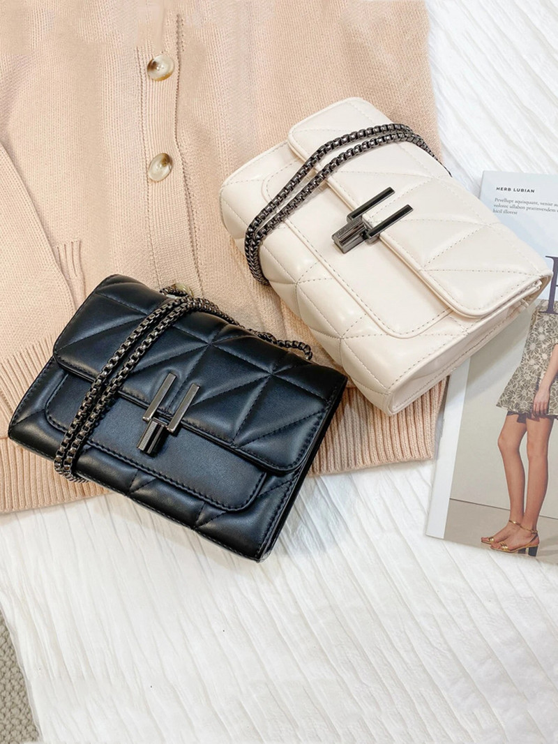 Klasszikus steppelt részlettel szögletes táska, egyszínű lapos válltáska, All-Match lánctáska