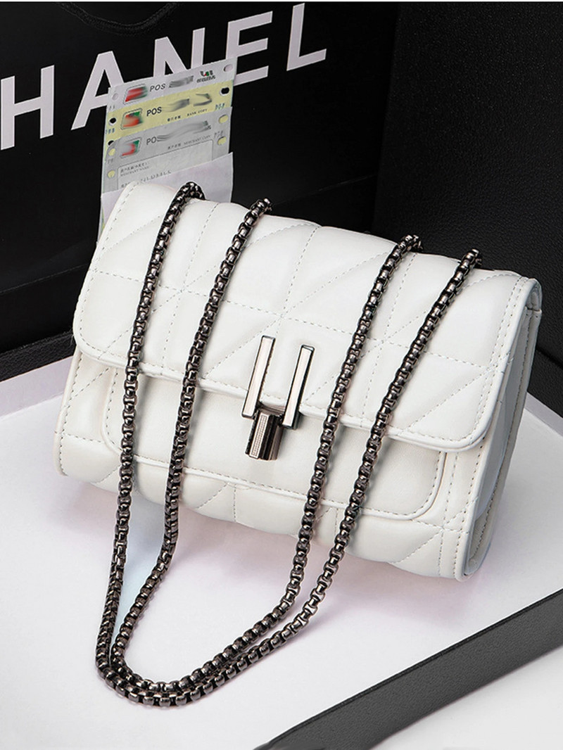 Klasszikus steppelt részlettel szögletes táska, egyszínű lapos válltáska, All-Match lánctáska