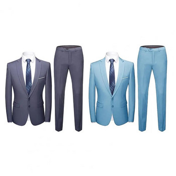 1 комплект модерен комплект мъжки костюм Уютни блейзър панталони Slim Fit Отслабване чист цвят Блейзър панталони с джобове