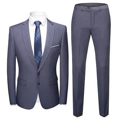 1 комплект модерен комплект мъжки костюм Уютни блейзър панталони Slim Fit Отслабване чист цвят Блейзър панталони с джобове