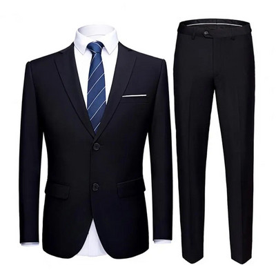 1 комплект модерен комплект мъжки костюм Уютни блейзър панталони Slim Fit Отслабване чист цвят Блейзър панталони с джобове
