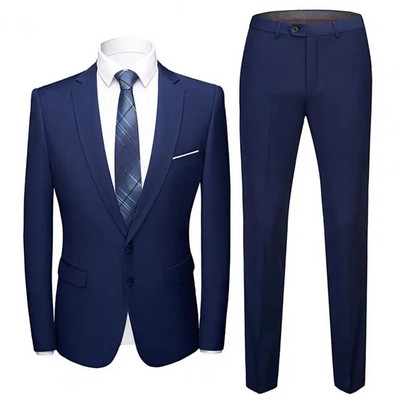 1 комплект модерен комплект мъжки костюм Уютни блейзър панталони Slim Fit Отслабване чист цвят Блейзър панталони с джобове