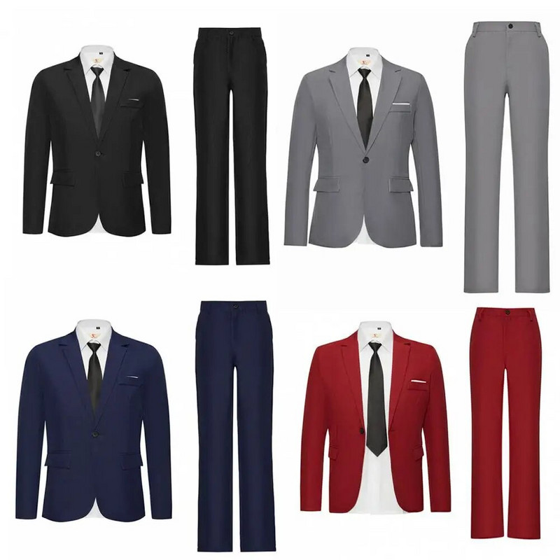2Pcs/Set Atraktivno muško odijelo Udobno svečano odijelo Slim Fit sako na rever s jednim dugmetom Ravno odijelo Komplet hlača Topao