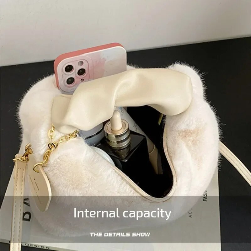 Moteriškos dirbtinio kailio pliušinės rankinės, raugintos rankenos, mažos moteriškos rankinės ant peties, laisvalaikio nešiojamas pusmėnulio Hobos žieminiai krepšiai moterims