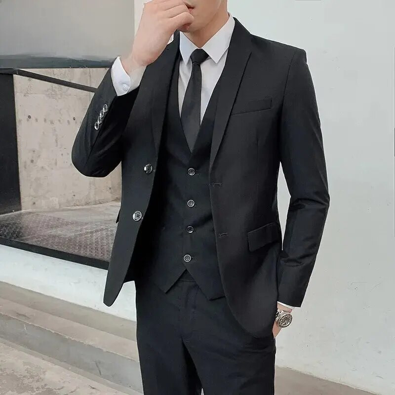 Meeste kevad/sügis Slim Fit Western-stiilis ülikonnakomplekt, kolmeosaline pulmakomplekt Parim mees Korea stiilis äririietus