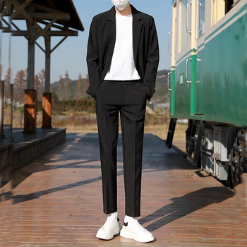 (Блейзър+панталон с еластична талия) Корейска версия, едноцветен мъжки ежедневен костюм, голям размер, свободен дишащ професионален костюм