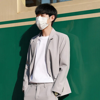 (Блейзър+панталон с еластична талия) Корейска версия, едноцветен мъжки ежедневен костюм, голям размер, свободен дишащ професионален костюм