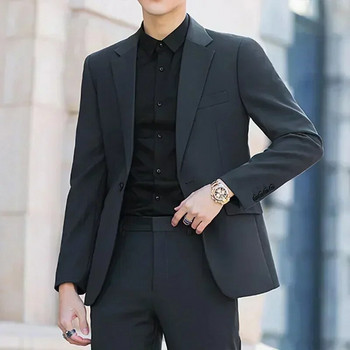 S-6XL Мъжки бизнес ежедневен костюм в корейски стил, модерен комплект от 2 части, плътен цвят (блейзър + панталон) Парти сватбена рокля на младоженеца