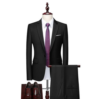 Бутиков (блейзър + панталон) Мъжки британски стил Елегантен моден висок клас семпъл ежедневен джентълменски костюм от две части